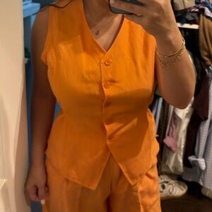 Sleeveless V-Neck Button Front Vest set with shorts in Bright Orange